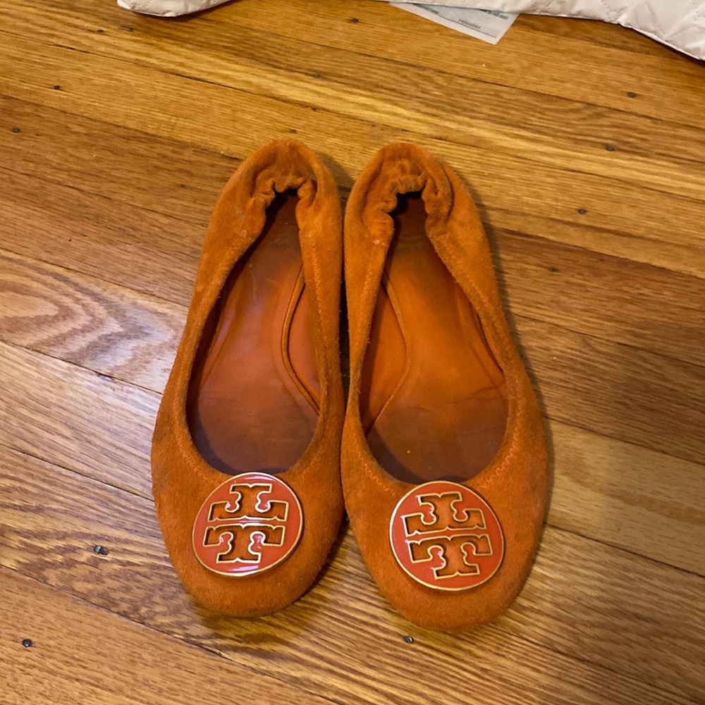 Tory Burch orange suede reva flats